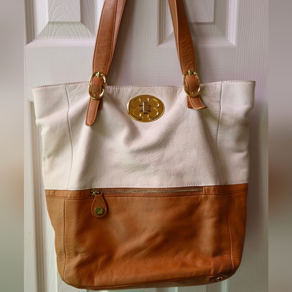 Emma Fox Two-Tone Cream and Tan Tote Style Shoulder Bag w/Turnlock Closure